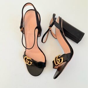 Gucci Marmont GG Gold Logo Black Leather Ankle Strap Block Heels Sandals EU 38
